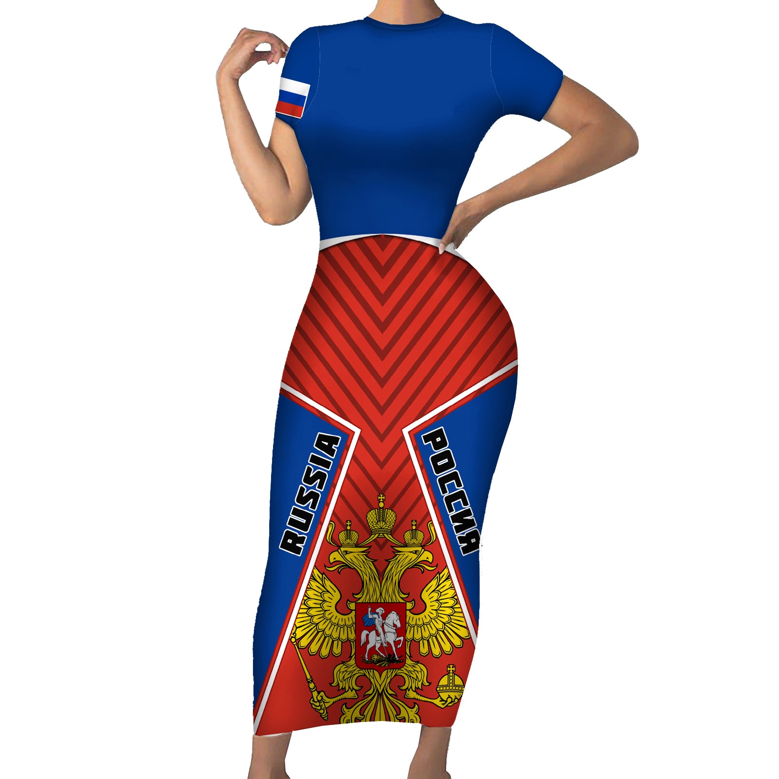 Russia Short Sleeve Bodycon Dress Russian Eagle and Kremlin - Wonder Print Shop