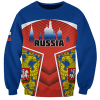 Unisex blue sweatshirt with front Russia graphic and red-and-gold emblem