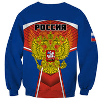 Blue sweatshirt with Russian eagle and Kremlin back graphic