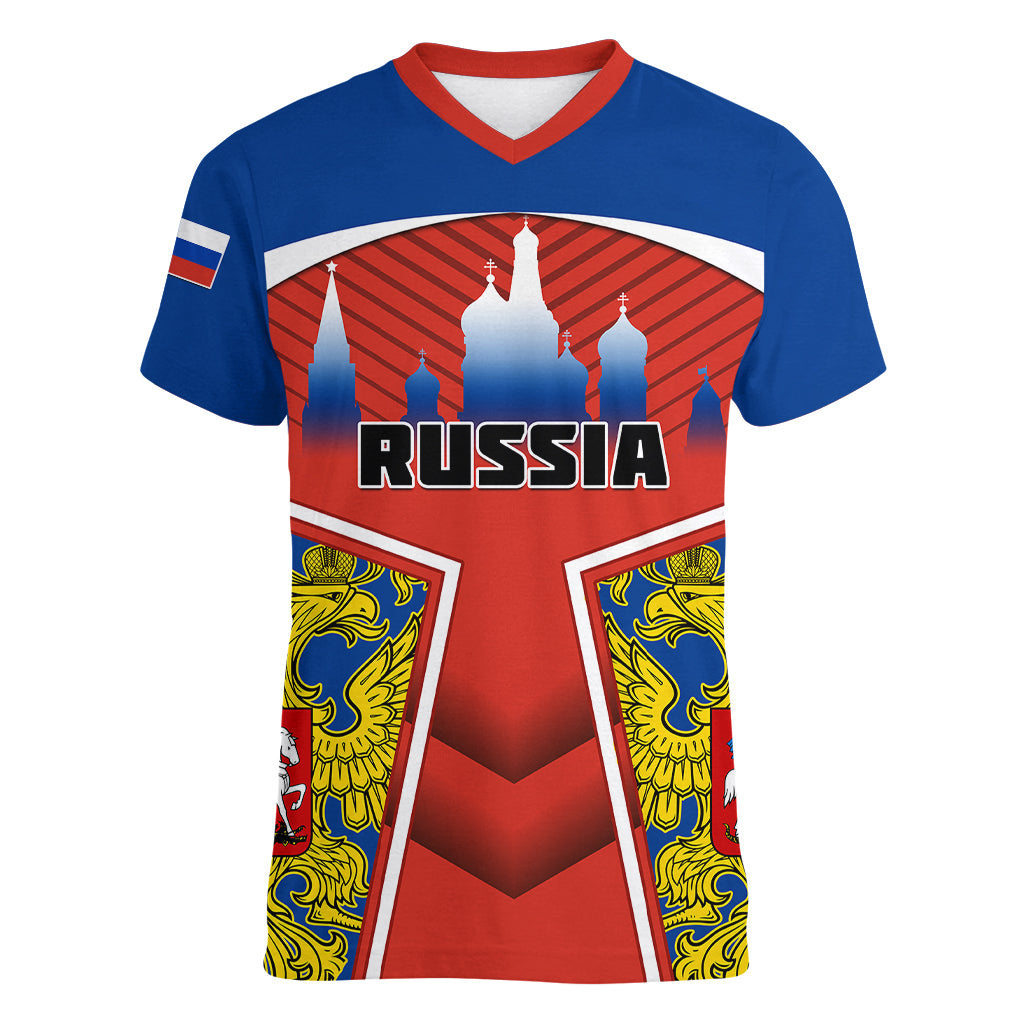 Russia Women V Neck T Shirt Russian Eagle and Kremlin - Wonder Print Shop