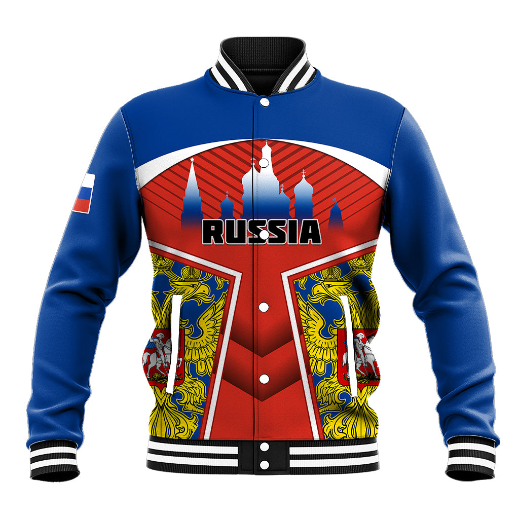 Blue varsity baseball jacket with white-red Russia crest front, snap buttons