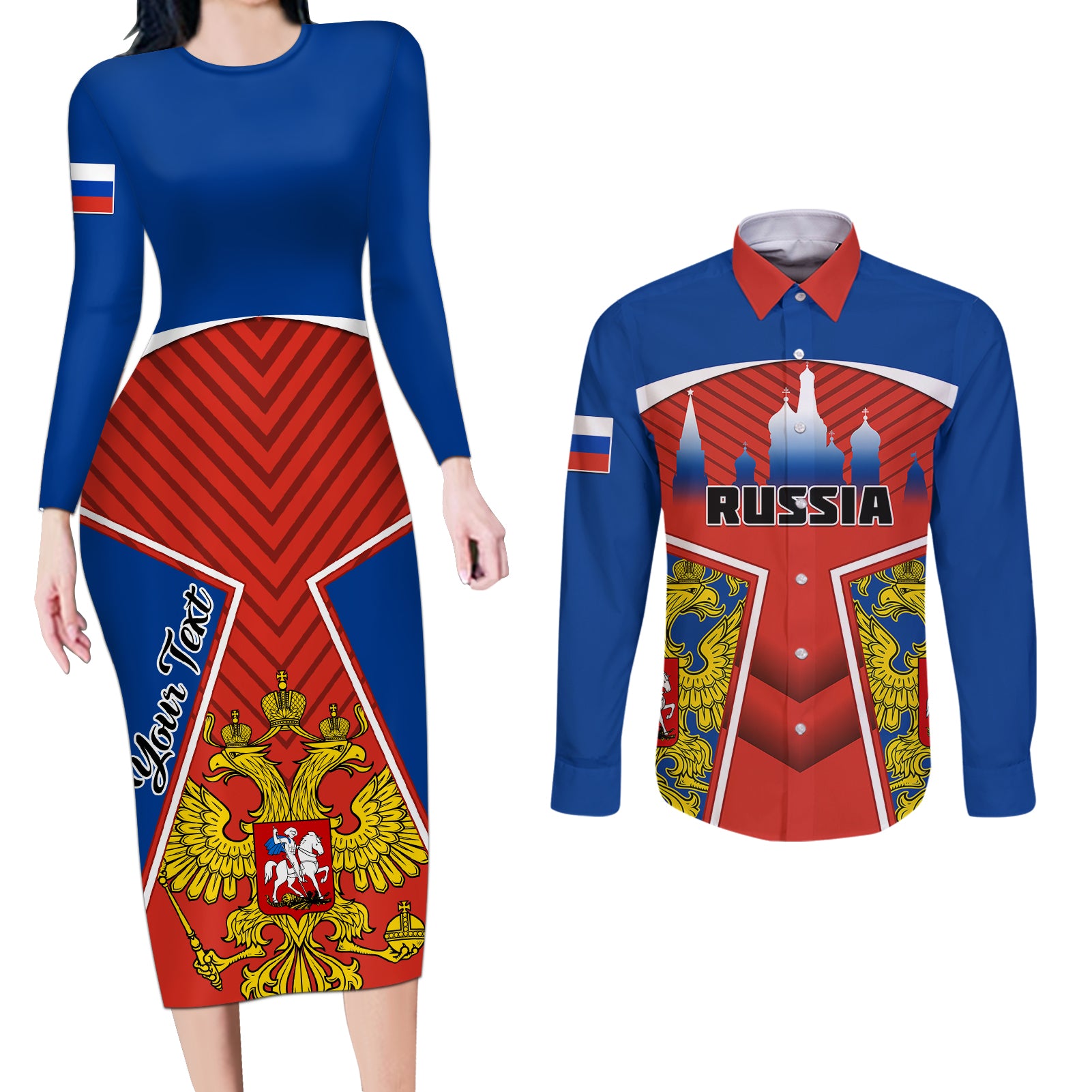 Personalised Russia Couples Matching Long Sleeve Bodycon Dress and Long Sleeve Button Shirts Russian Eagle and Kremlin - Wonder Print Shop