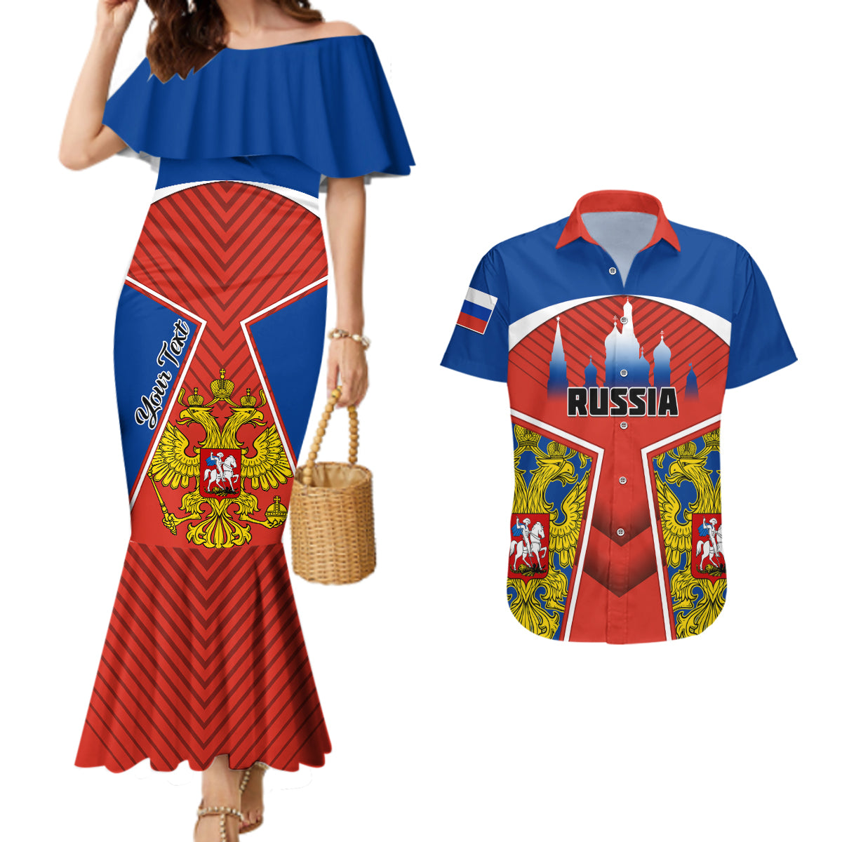 Personalised Russia Couples Matching Mermaid Dress And Hawaiian Shirt Russian Eagle and Kremlin - Wonder Print Shop