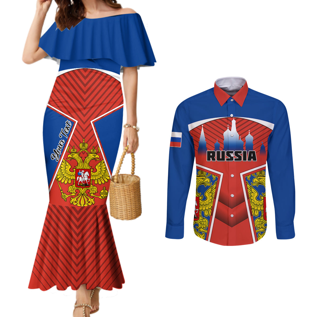 personalised-russia-couples-matching-mermaid-dress-and-long-sleeve-button-shirts-russian-eagle-and-kremlin