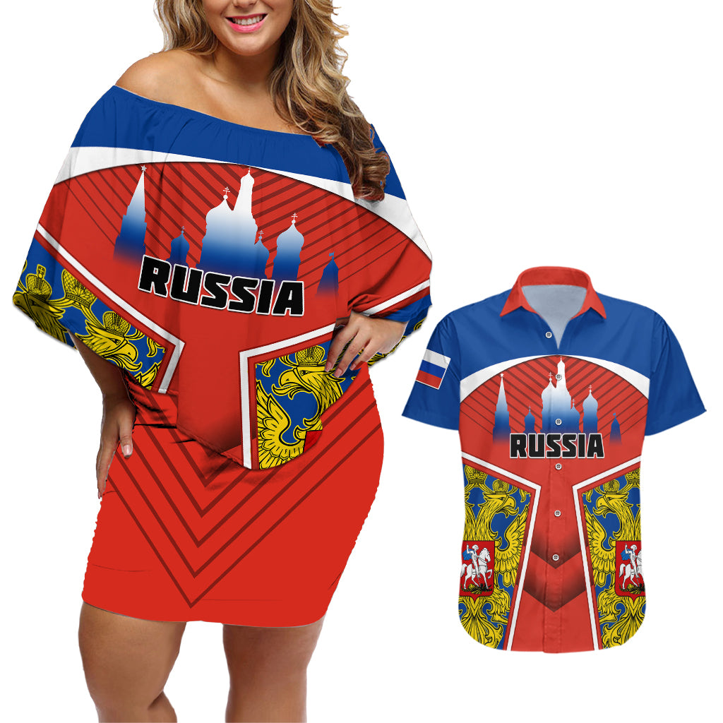 Personalised Russia Couples Matching Off Shoulder Short Dress and Hawaiian Shirt Russian Eagle and Kremlin - Wonder Print Shop