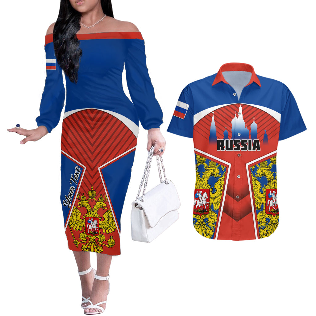 Personalised Russia Couples Matching Off The Shoulder Long Sleeve Dress and Hawaiian Shirt Russian Eagle and Kremlin - Wonder Print Shop