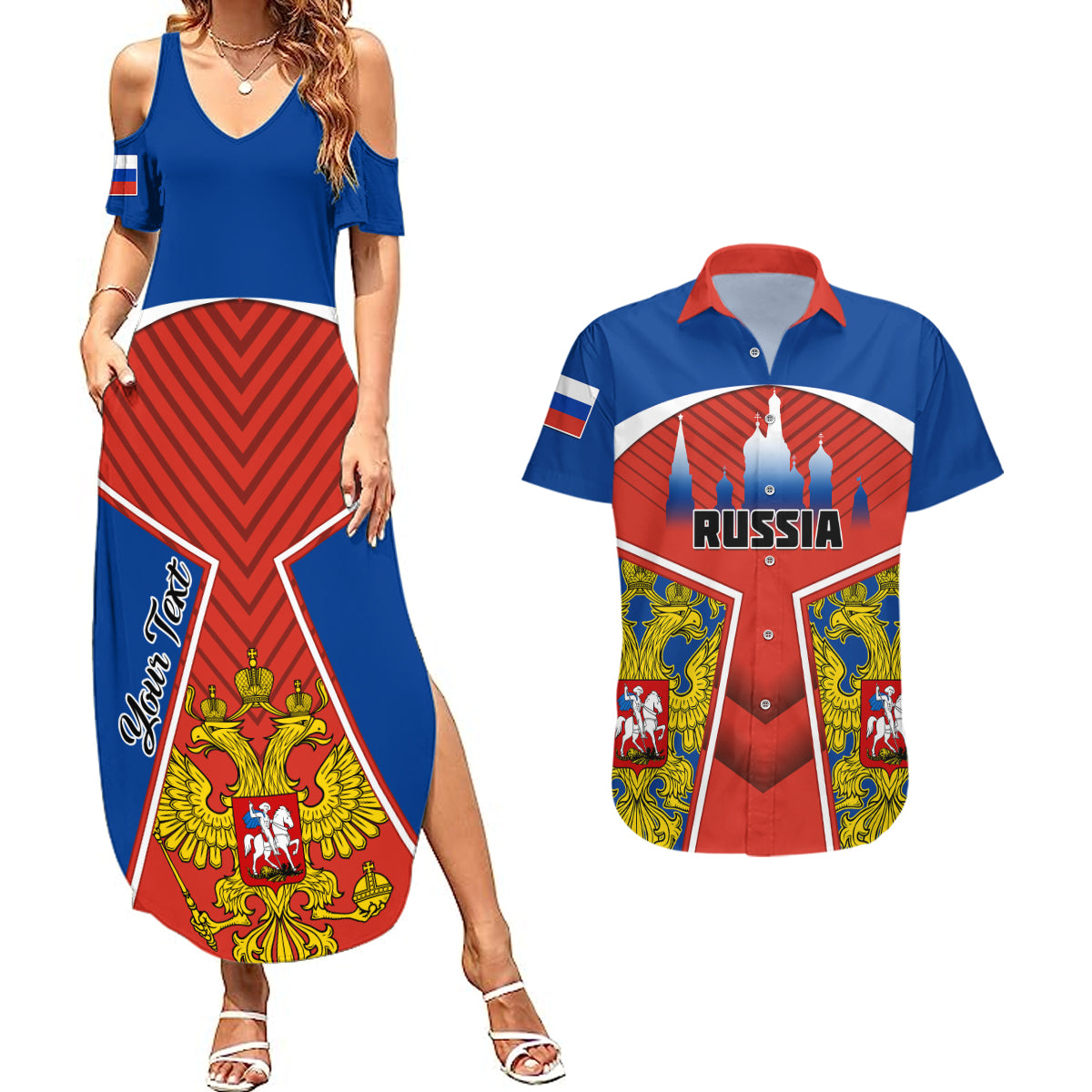 Personalised Russia Couples Matching Summer Maxi Dress and Hawaiian Shirt Russian Eagle and Kremlin - Wonder Print Shop