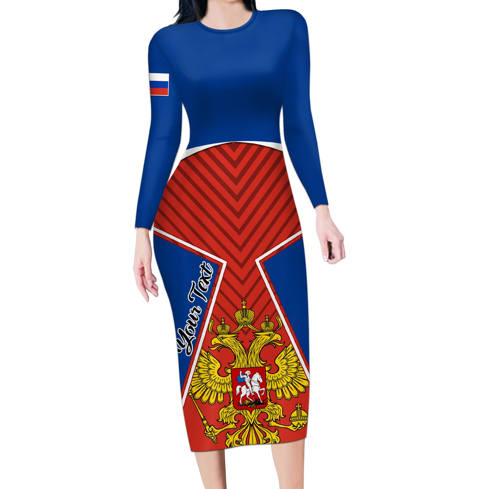 Personalised Russia Long Sleeve Bodycon Dress Russian Eagle and Kremlin - Wonder Print Shop