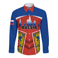 Blue long-sleeve button shirt with red collar; front Russia graphic