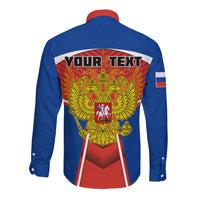 Blue long-sleeve button shirt with red collar; back eagle graphic and 'YOUR TEXT'
