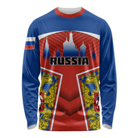 Unisex long-sleeve shirt, blue with red front crest and RUSSIA text