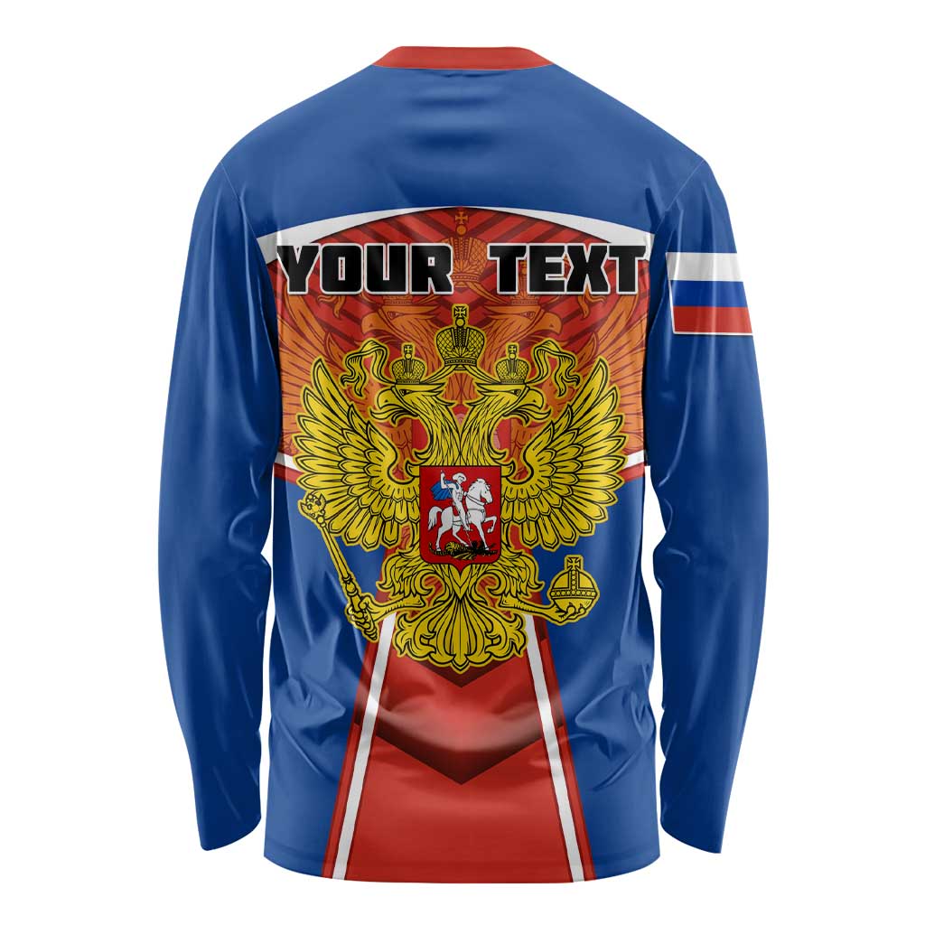 Unisex long-sleeve shirt, blue with red back crest and YOUR TEXT