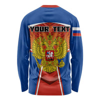 Unisex long-sleeve shirt, blue with red back crest and YOUR TEXT