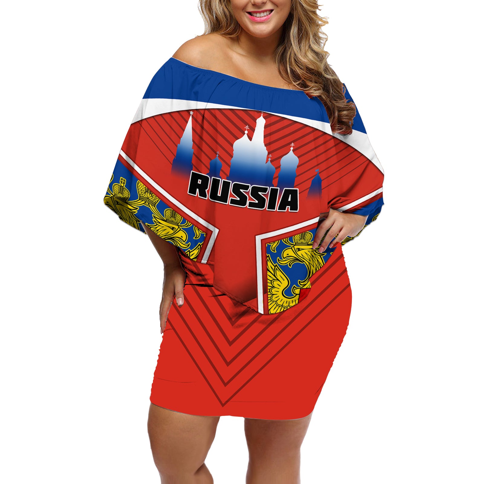 Personalised Russia Off Shoulder Short Dress Russian Eagle and Kremlin - Wonder Print Shop