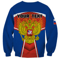 Blue sweatshirt with red back panel, YOUR TEXT and golden double-headed eagle crest