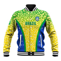 Brazil leopard-pattern baseball jacket, green/yellow with Brazil crest and button front
