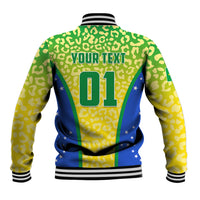 Back of leopard-pattern baseball jacket, green/yellow with YOUR TEXT and 01