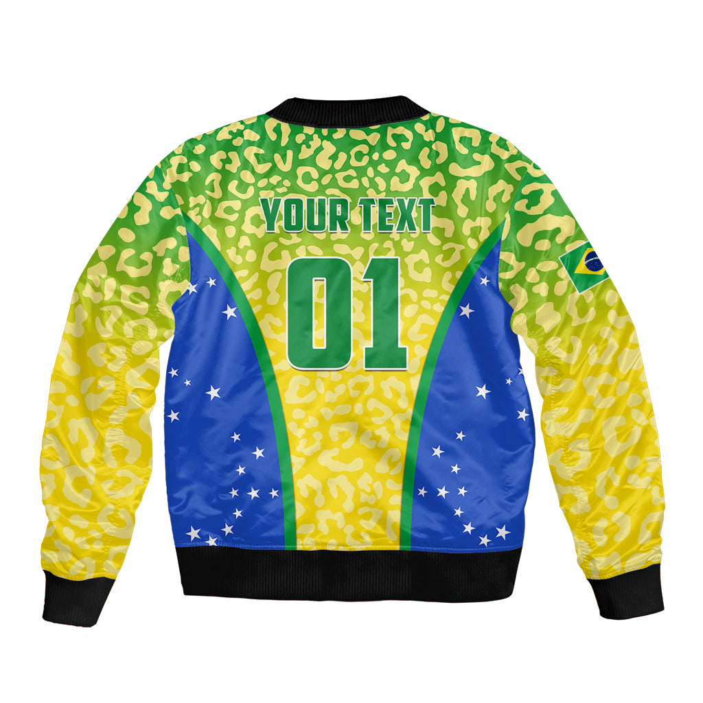 Unisex Brazil bomber jacket back, green leopard print with blue flag panels, text and 01
