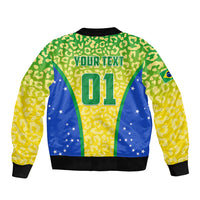 Unisex Brazil bomber jacket back, green leopard print with blue flag panels, text and 01