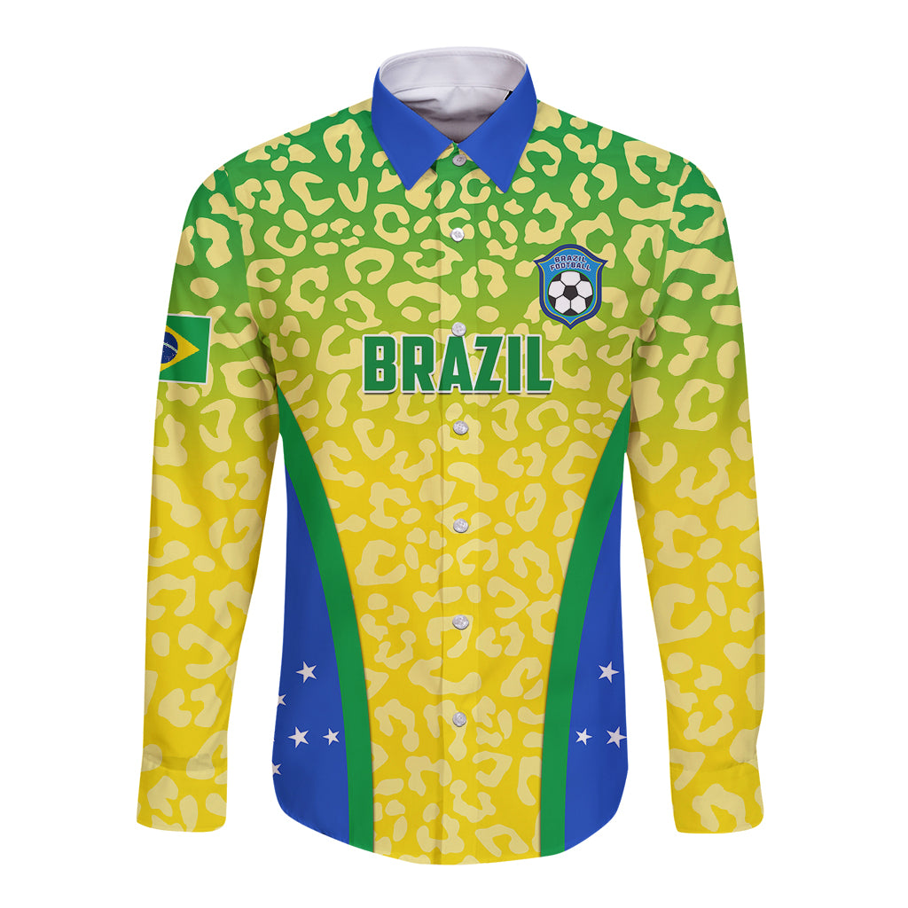 Personalised Brazil football long sleeve button shirt with Brazil front print, leopard pattern