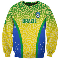 Brazil football sweatshirt, yellow leopard print with blue-green Brazil flag panels