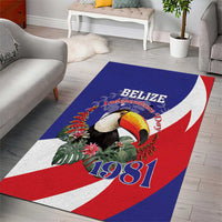 Blue area rug with red and white diagonal bands, toucan artwork, “Belize” “1981”