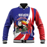 Unisex blue and red varsity baseball jacket with striped rib collar, button front, front graphic