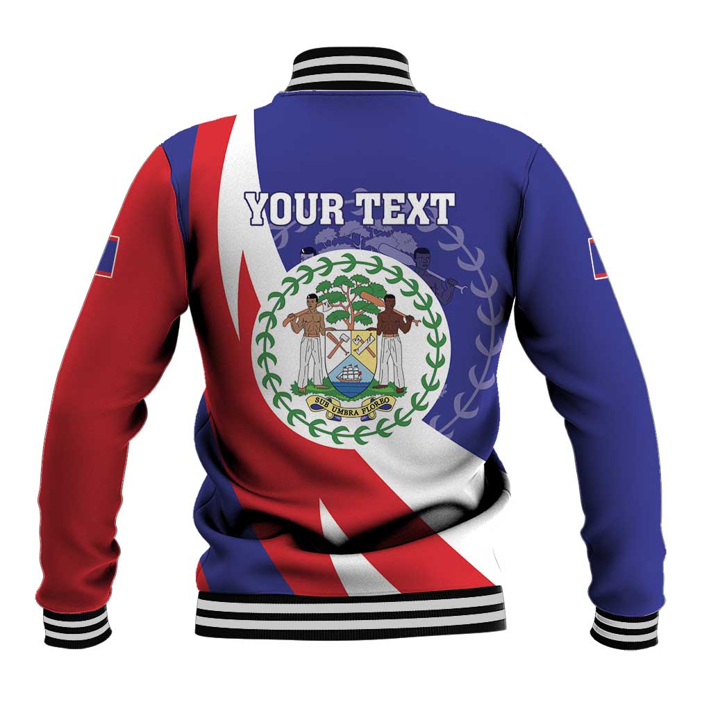 Unisex blue and red baseball jacket with striped rib cuffs and back coat-of-arms graphic