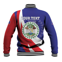 Unisex blue and red baseball jacket with striped rib cuffs and back coat-of-arms graphic