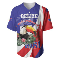 Blue baseball jersey with Belize Independence 1981 graphic and toucan front print