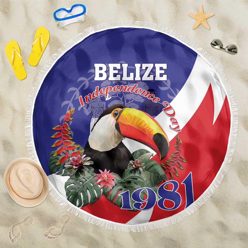 Round Belize beach blanket with toucan and flag graphic, white fringe edge