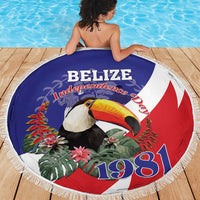 Round beach blanket featuring Belize Independence Day text, toucan print and fringe trim