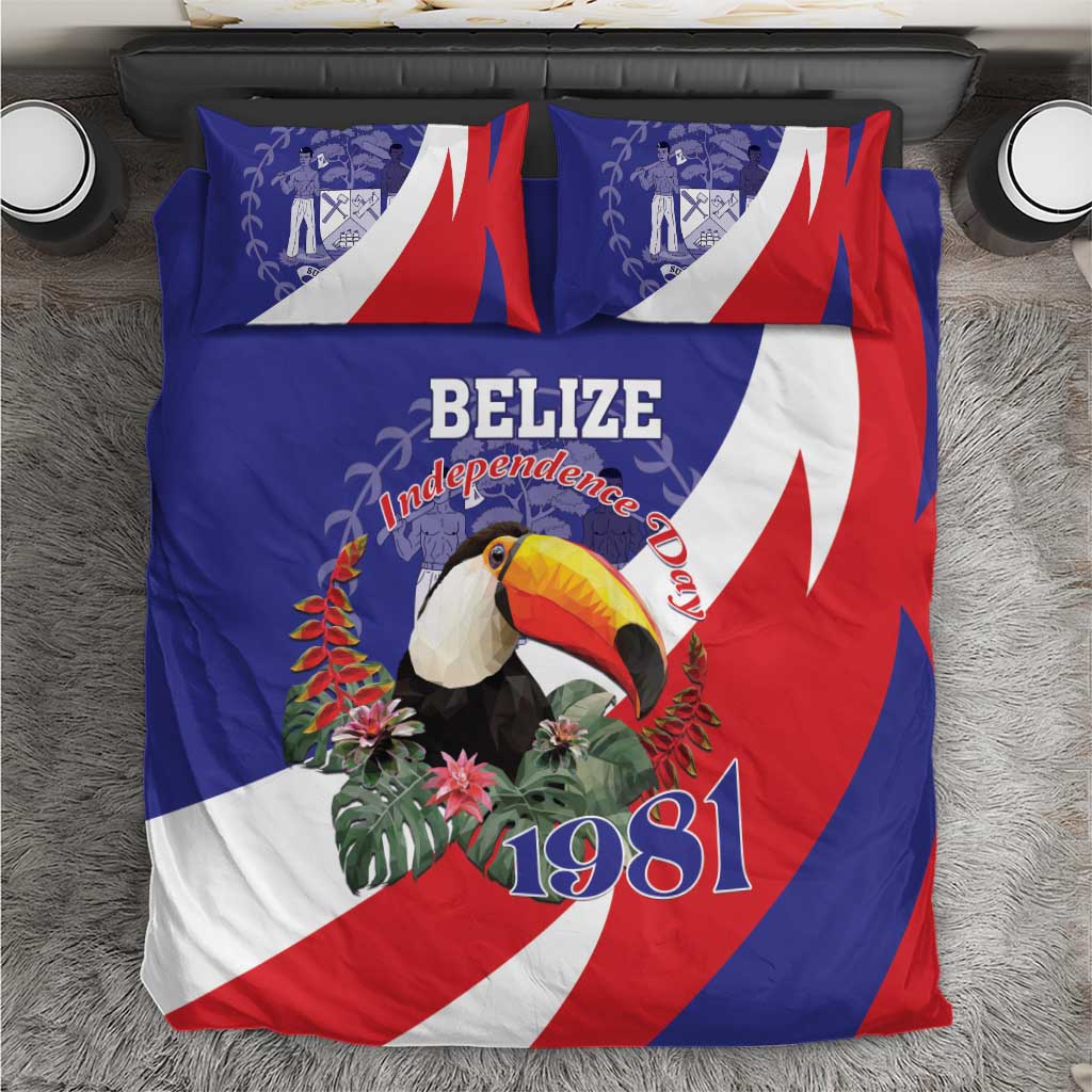 Blue Belize-themed bedding set with toucan and 1981 graphic, red and white accents.