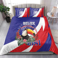 Blue bedding set with toucan, 1981 text, and Belize logo; red and white flag pattern.