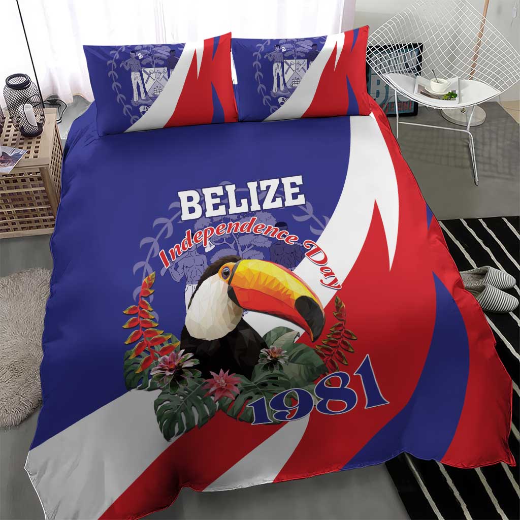 Blue duvet and matching pillow with toucan illustration and 1981 graphic over flag design.
