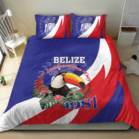Blue duvet cover with toucan and 1981 print; red-white stripes and Belize Independence motif.