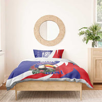 Blue duvet cover with toucan and 1981 print, featuring red and white Belize flag motif.
