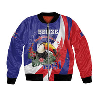 Unisex blue bomber jacket with red accents and Belize 1981 graphic, zip-front