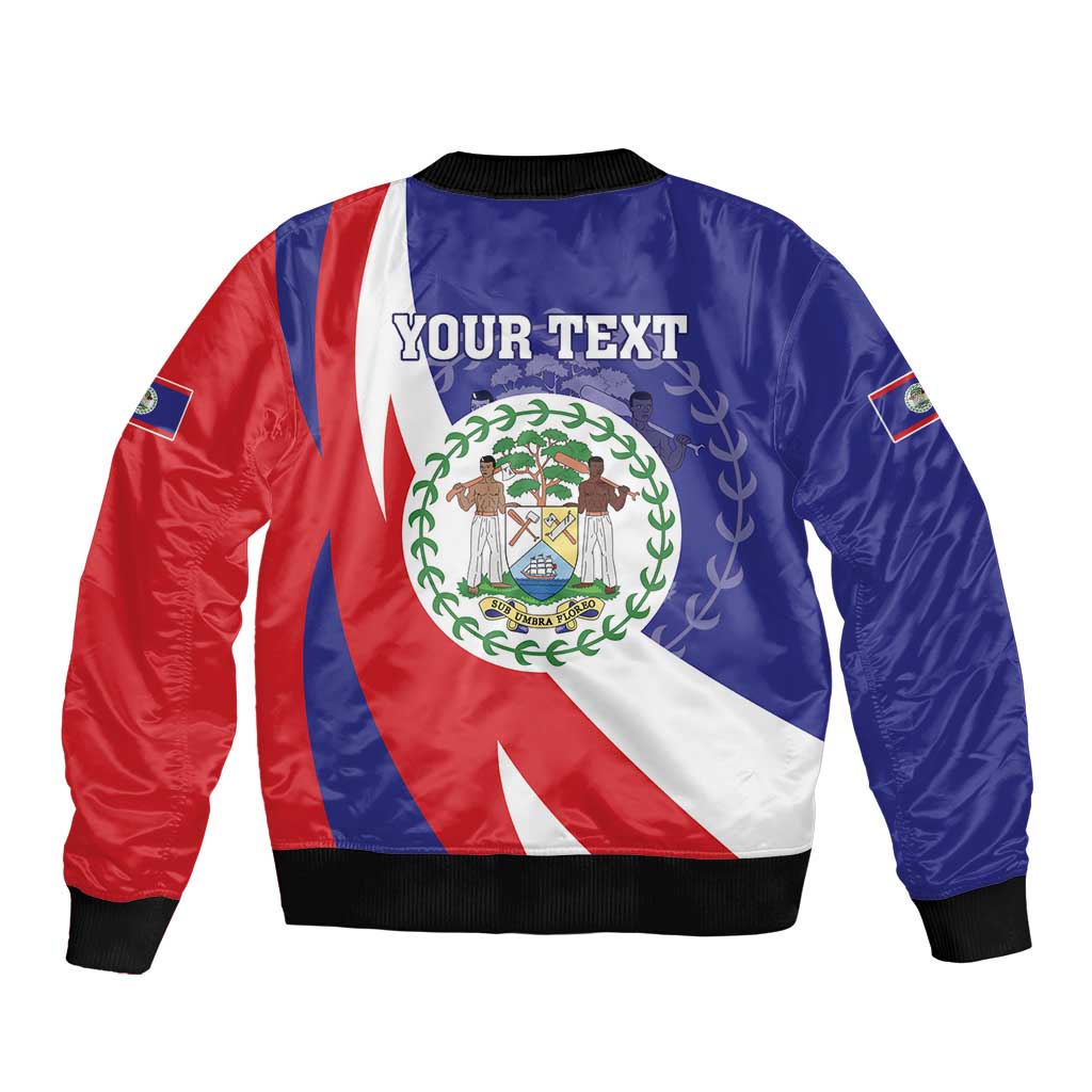 Unisex blue bomber jacket with red sleeves, white stripe back, crest and 'YOUR TEXT'