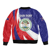 Unisex blue bomber jacket with red sleeves, white stripe back, crest and 'YOUR TEXT'