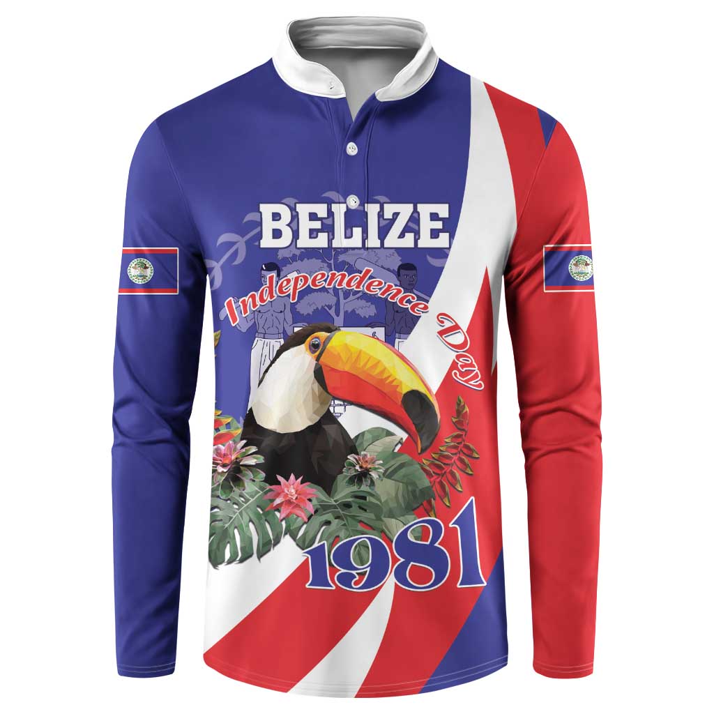Blue, red, and white button sweatshirt with Belize 1981 toucan graphic