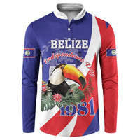 Blue, red, and white button sweatshirt with Belize 1981 toucan graphic