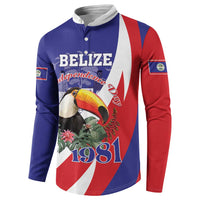 Blue, red, and white button sweatshirt with Belize Independence 1981 toucan print