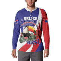 Blue and red button sweatshirt front view with Belize Independence 1981 toucan print