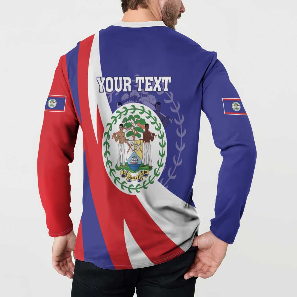 Blue and red button sweatshirt back with 'YOUR TEXT' crest graphic and flag stripes