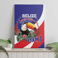 Blue canvas wall art with toucan, Belize Independence Day and 1981 text, red/white diagonal