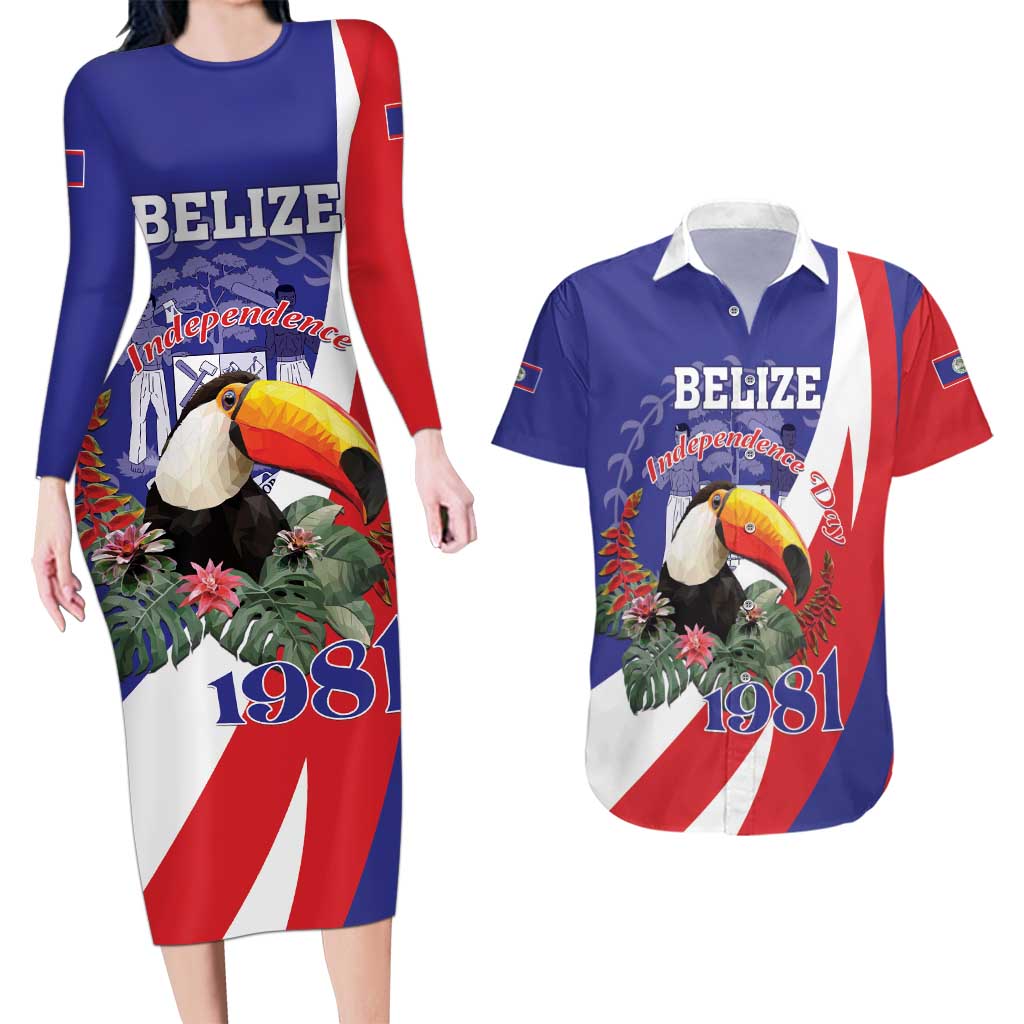 Belize Independence Day 1981 Couples Matching Long Sleeve Bodycon Dress and Hawaiian Shirt Bileez Keel Billed Toucan - Wonder Print Shop