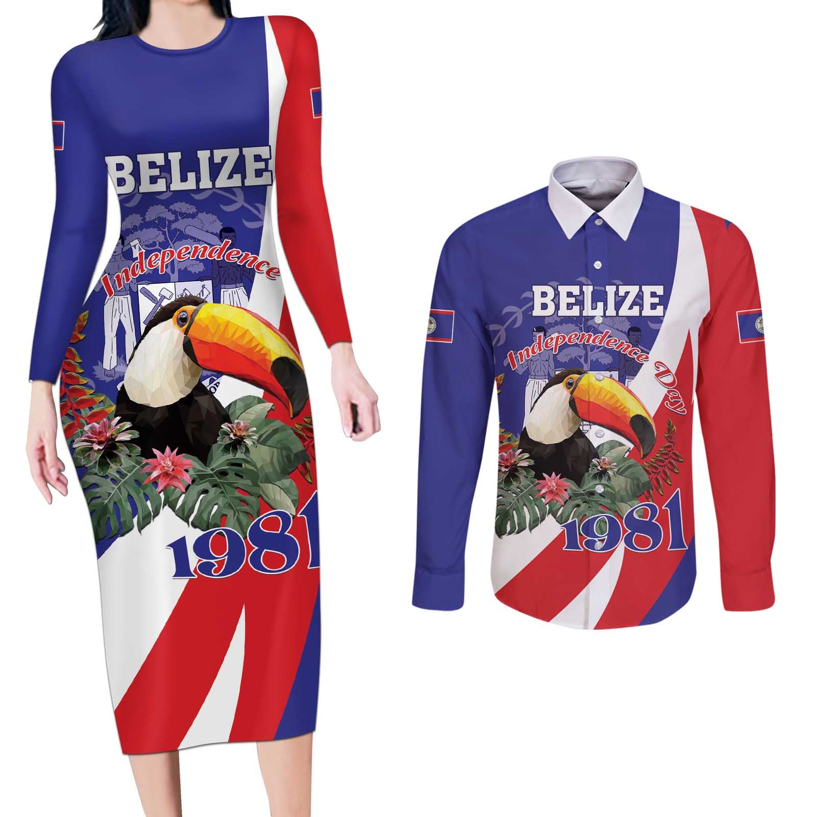 Belize Independence Day 1981 Couples Matching Long Sleeve Bodycon Dress and Long Sleeve Button Shirt Bileez Keel Billed Toucan - Wonder Print Shop