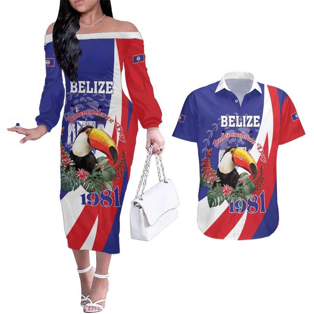 Belize Independence Day 1981 Couples Matching Off The Shoulder Long Sleeve Dress and Hawaiian Shirt Bileez Keel Billed Toucan - Wonder Print Shop