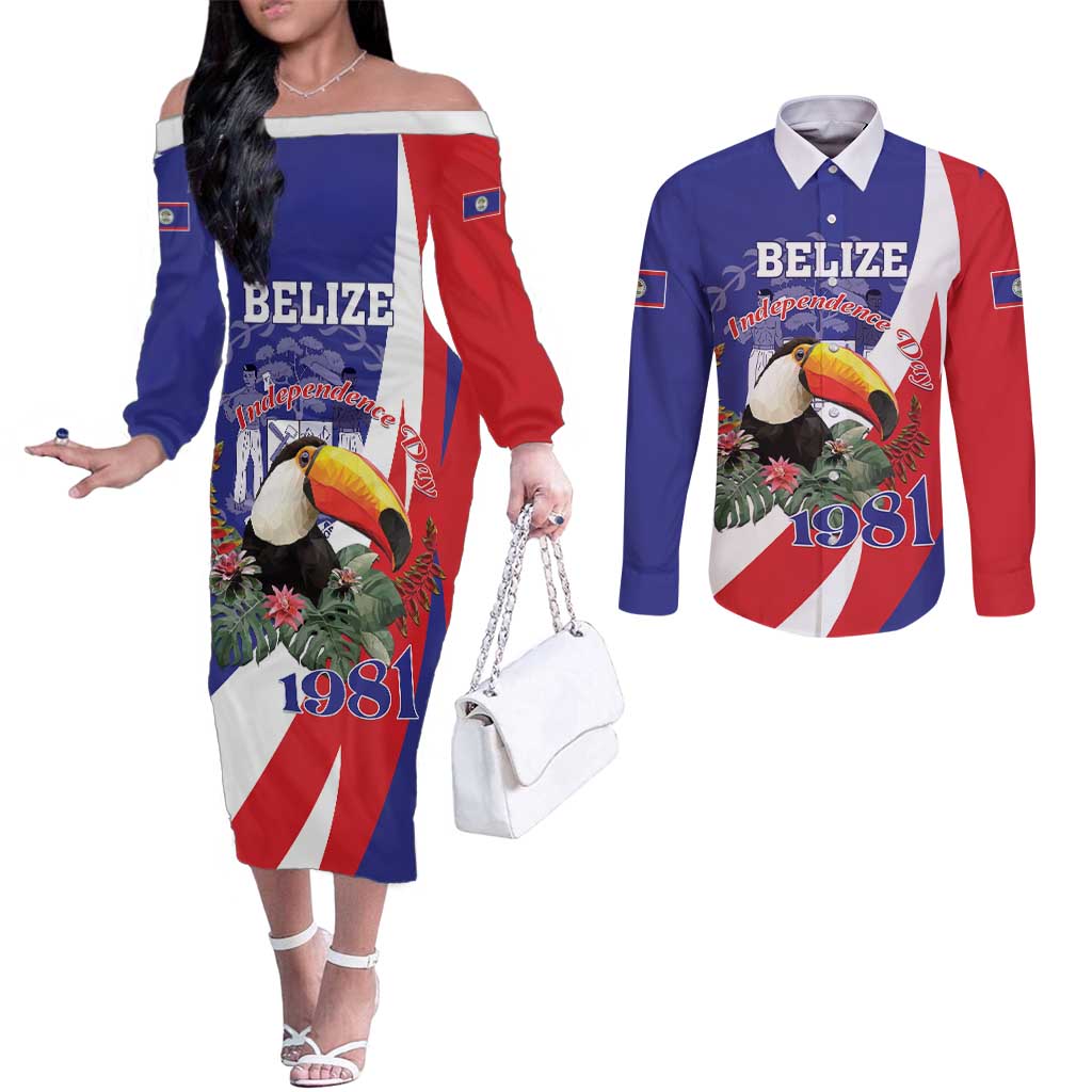 Belize Independence Day 1981 Couples Matching Off The Shoulder Long Sleeve Dress and Long Sleeve Button Shirt Bileez Keel Billed Toucan